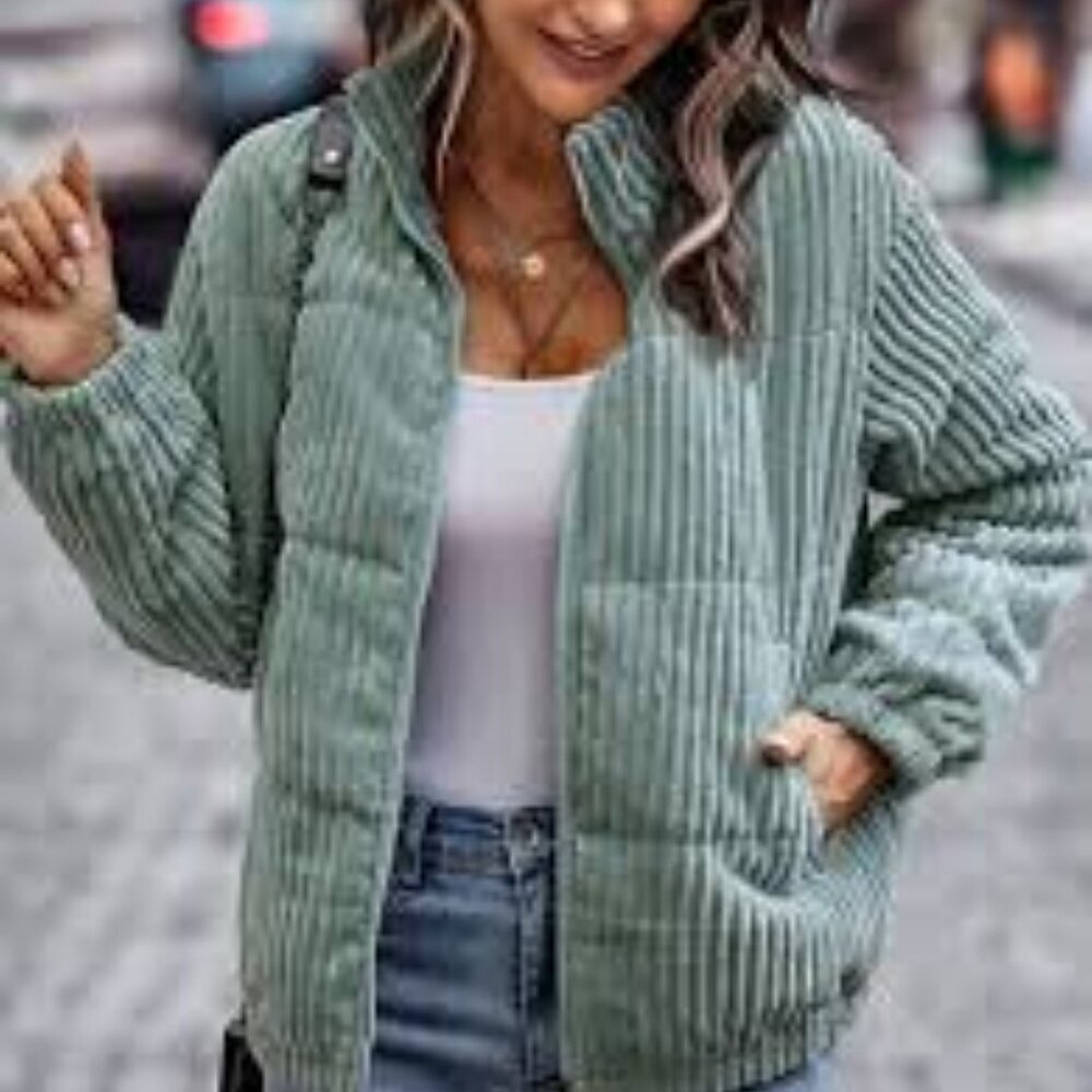 SHEIN Size M (6) Mint Green Slant Pocket Corduroy Padded Jacket, Exc. Used Cond.